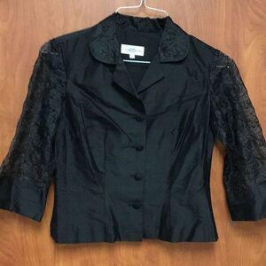 Blouse, shiny black, velvety collar, and lace sleeves ￼ Rebecca Thomas￼ size med